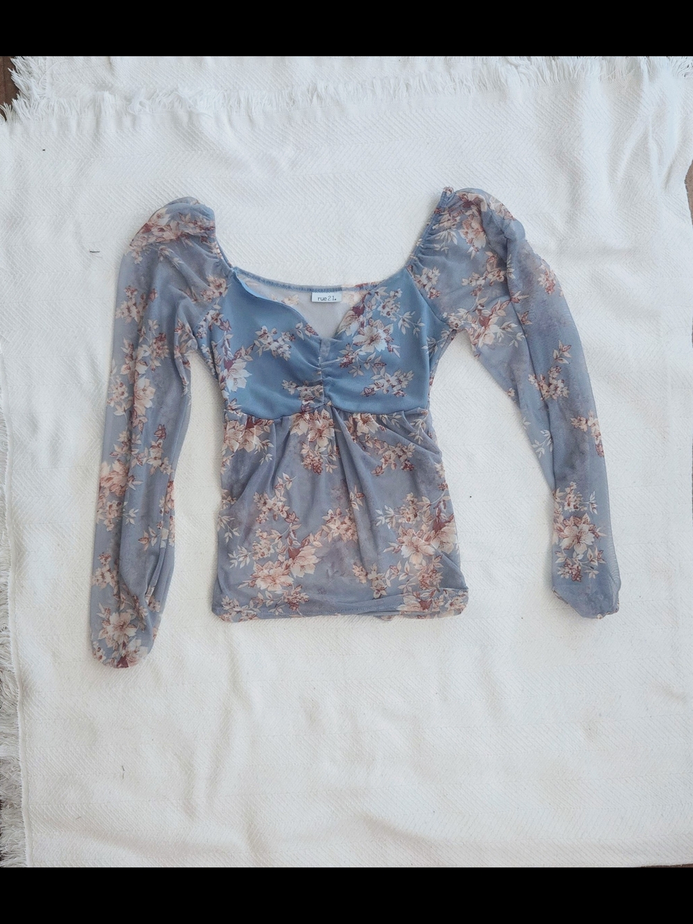 Rue21 Dusty Blue Floral Ruched Mesh Long Sleeve Top